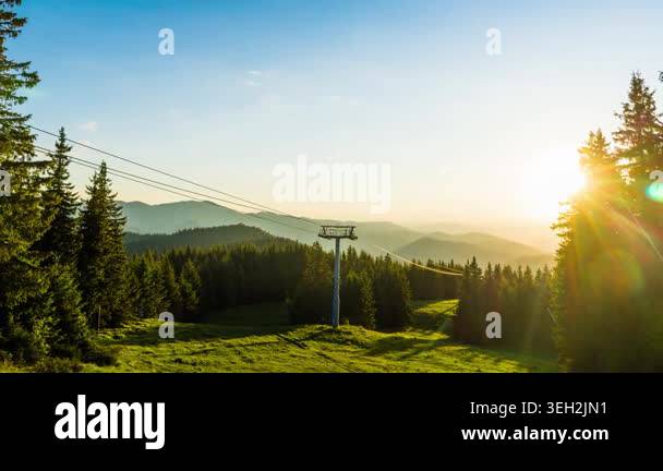Broken mountain lift on the slope of high mountain in the Rhodope ...