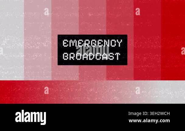 A glitchy, retro-style emergency broadcast screen with red and white ...
