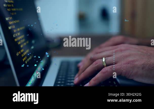 Developer's hands typing Python source code on a laptop keyboard with ...