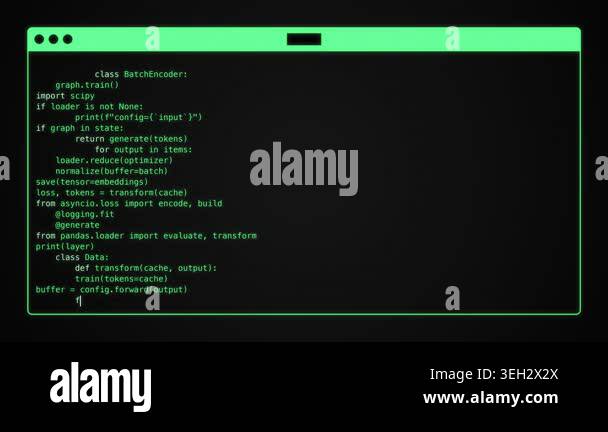 Steady motion. neon green pseudo-code being typed line by line inside a ...