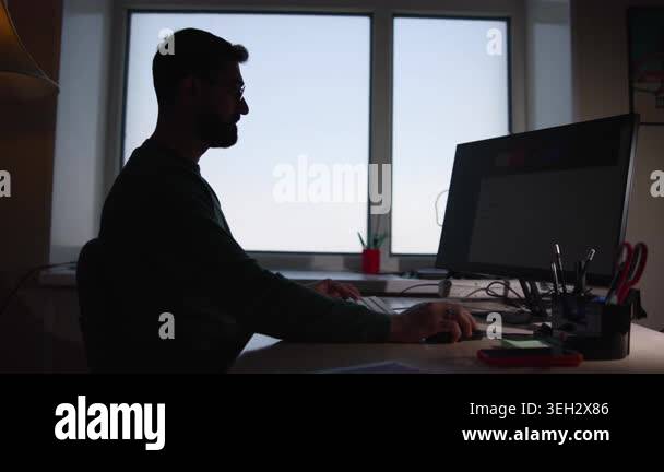 Profile Man Typing On Keyboard At Desktop Computer, Bright Window ...