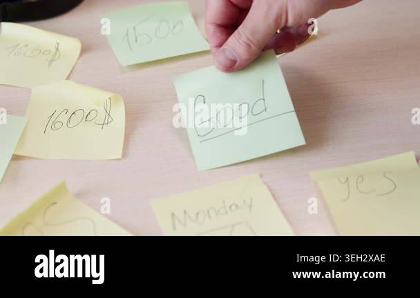 Hand Arranging Sticky Notes Labeled Good On Wooden Desk, Closeup Of ...