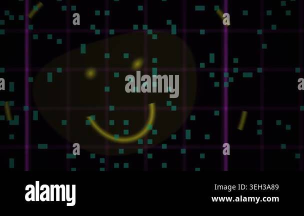 A smiling face made of dots and lines on a black background with grid ...