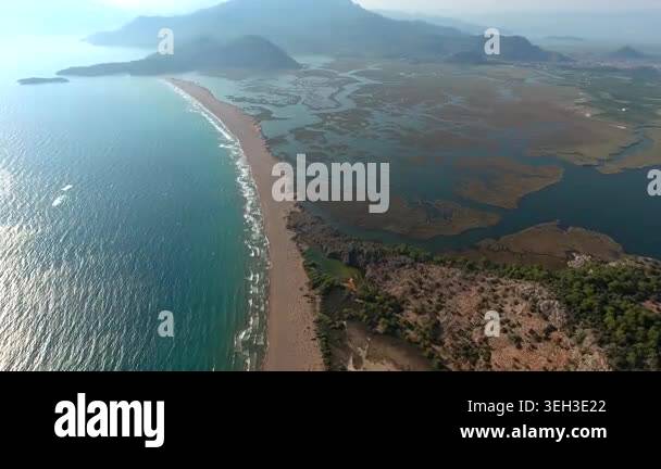 Aerial view shows Iztuzu Beach and Dalyan Delta lagoons in Mugla Turkey ...
