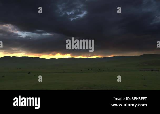 Panoramic sunrise over treeless meadows in Mongolia beneath storm ...