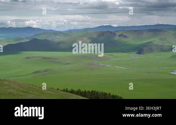 Empty Ribers Panoramic Mongolian steppe shows rolling green hills rivers plus vast ...