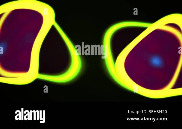 Neon yellow objects with purple centers on a black background Stock ...