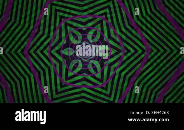 A vibrant green and purple geometric pattern with a flower-like design ...