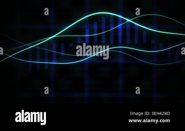 Glowing blue and green wave lines on a black background with a grid and ...