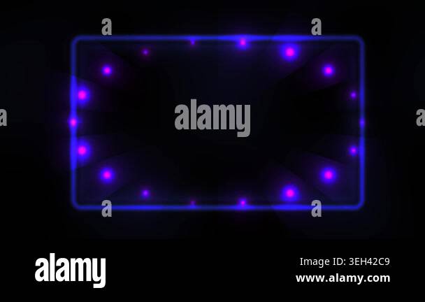 Glowing blue neon rectangle frame with purple dots on black background ...
