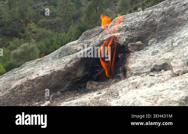 Yanartas methane flames burn through rocky vents at Cirali Antalya ...