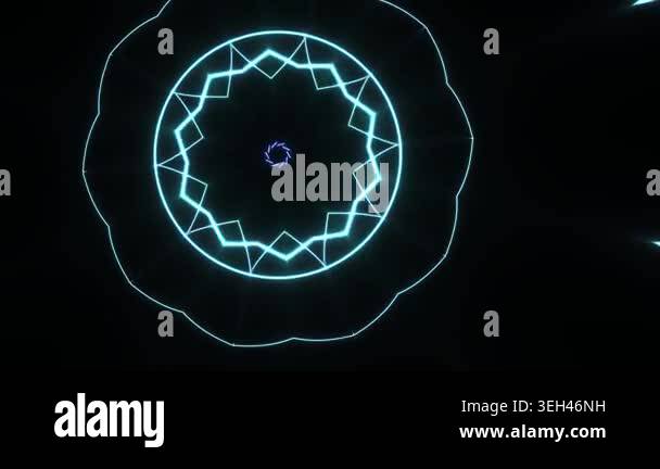 Neon glowing geometric circle patterns on black background Stock Video ...