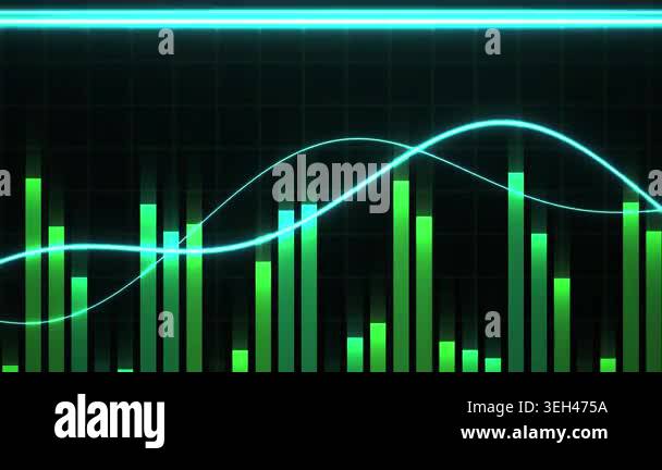 Animated neon green bar chart with wavy lines on black background Stock ...