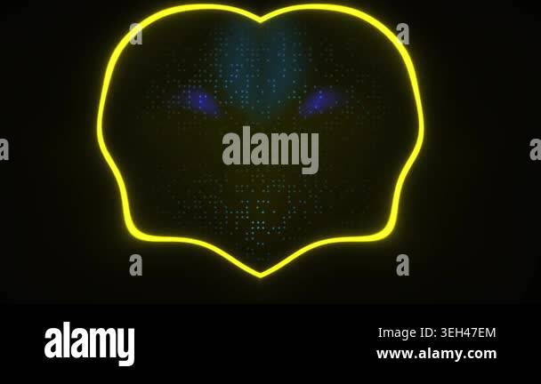 Animated neon yellow brain outline with blue eyes on black background ...
