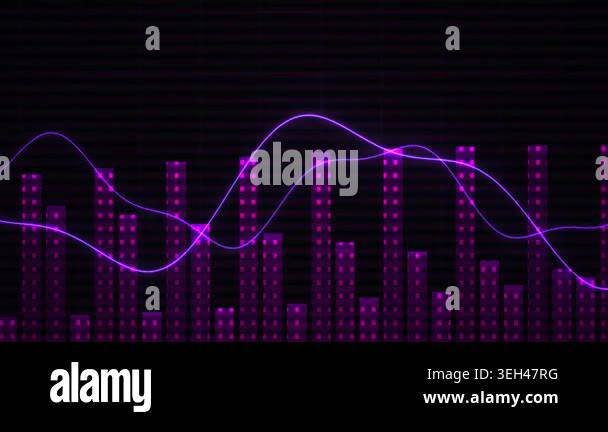 A purple graph with wavy lines and bars on a black background Stock ...