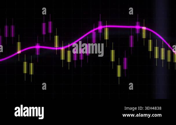 Stock market graph with purple line and yellow and purple bars on black ...