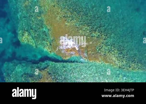 Aerial drone overhead of submerged rock and seamount in Chile with ...
