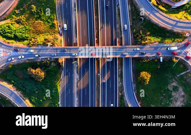 Directly above view of a bridge crossing over a multi lane highway ...