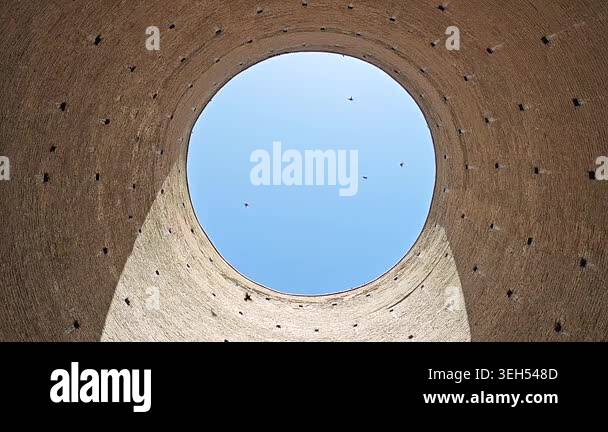 Birds fly through the circular opening inside Tughrul Tower in slow ...