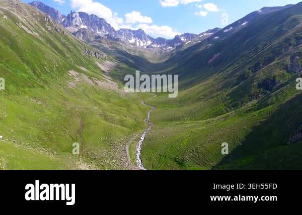 Aerial Kackar Mountains Turkey valley stream and green meadows open ...