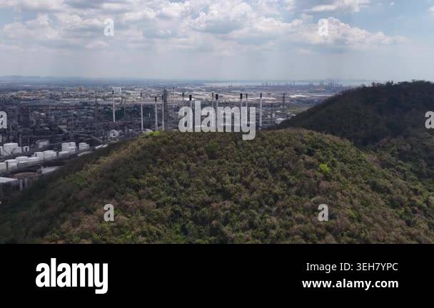 Expansive aerial view of a large oil refinery and petrochemical ...