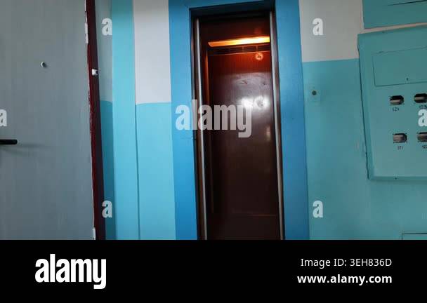 Elevator blue walls. Elevator view staircase.entrance hall inside an ...