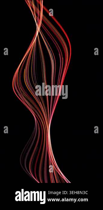 Vertical glowing orange red light ribbons on deep black background ...