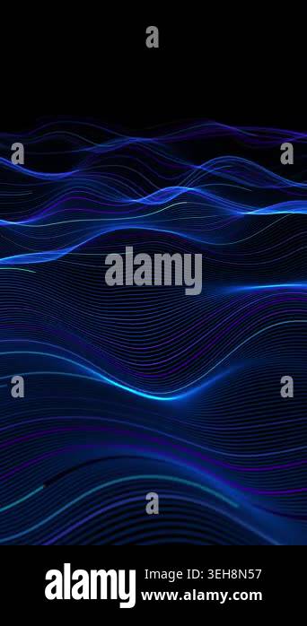 Abstract blue luminous wave landscape, thin flowing lines forming ...