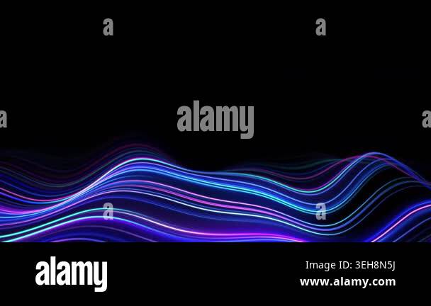 Multicolored wave lines looping on a black background. Light pulses on ...