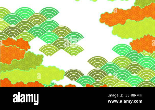 Traditional Japanese Pattern Animation with Green and Orange Clouds ...