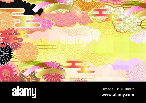 Golden Japanese Traditional Pattern with Floral Motifs Background ...