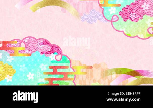 Colorful Traditional Japanese Patterns and Clouds on Pink Background ...