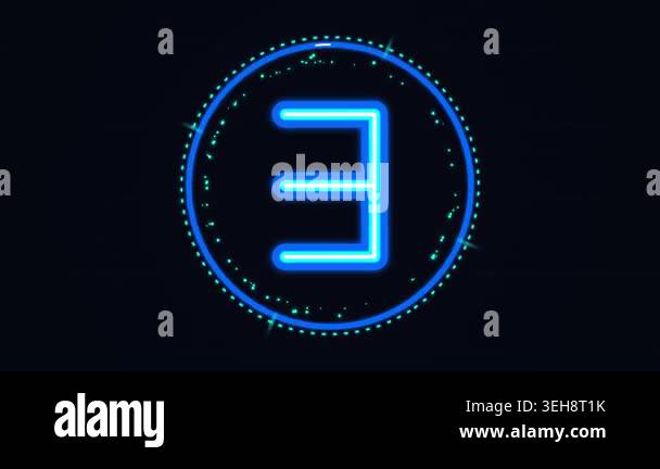 5 second countdown neon animation circle rotation. Blue neon glowing ...