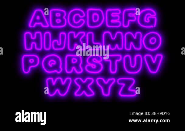 English neon alphabet on a black screen. Glowing pulsating letters in ...
