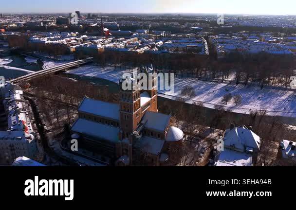 Munich city skyline in winter featuring the Isar River, Reichenbach ...