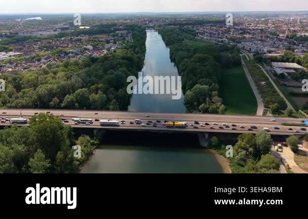 Aerial view of the Danube crossing on Autobahn 9 reveals heavy ...