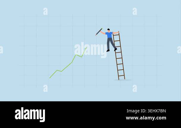 Stock price growth, 4k animation of businessman trader climbing up ...