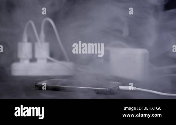 A smartphone emits thick white smoke while connected to a charger ...
