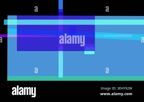 Abstract composition of overlapping blue and cyan rectangles on a black ...