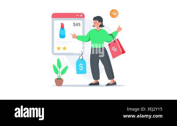 A woman buying stylish shoes online with price tags and ratings, ready ...