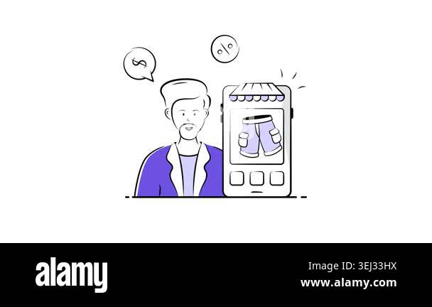 Hand drawn vector animated illustration of ecommerce shopping app user ...