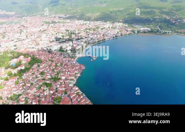Aerial view on Ohrid Lake and buildings near water in Macedonia. Drone ...