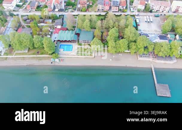 Aerial view on Ohrid Lake and buildings near water in Macedonia. Drone ...