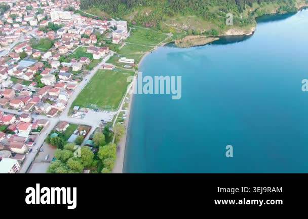 Aerial view on Ohrid Lake and buildings near water in Macedonia. Drone ...