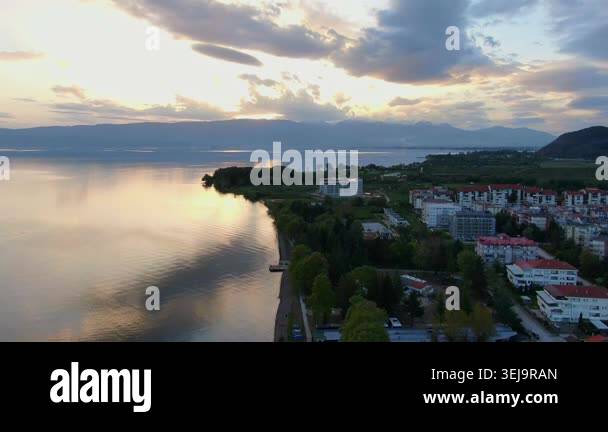 Aerial view on Ohrid Lake and buildings near water in Macedonia. Drone ...