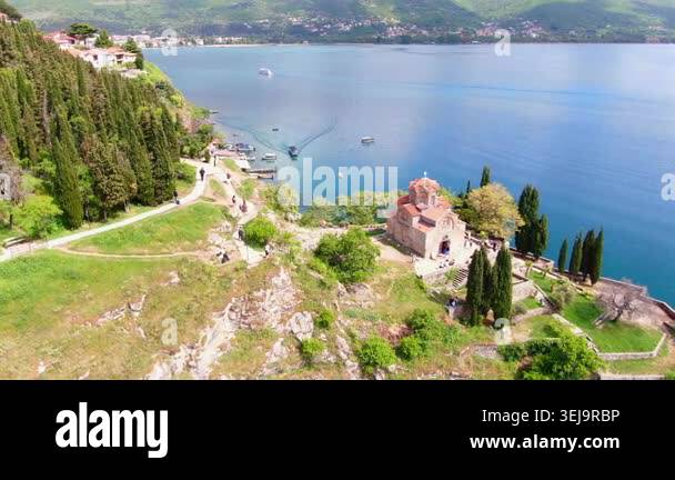 Aerial view on Ohrid Lake and buildings near water in Macedonia. Drone ...