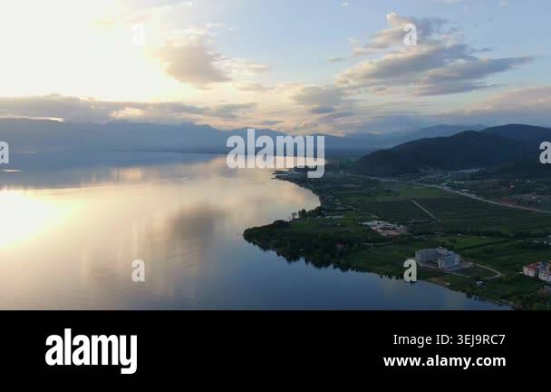 Aerial view on Ohrid Lake and buildings near water in Macedonia. Drone ...
