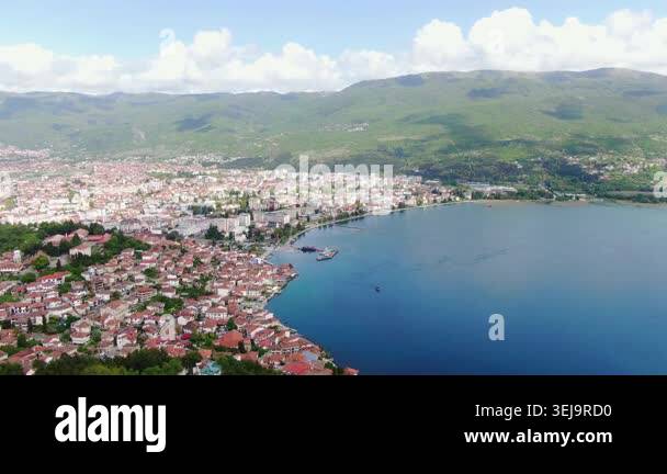 Aerial view on Ohrid Lake and buildings near water in Macedonia. Drone ...