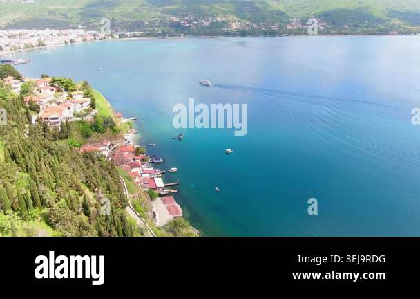 Aerial view on Ohrid Lake and buildings near water in Macedonia. Drone ...