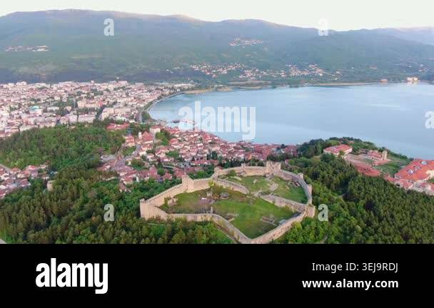 Aerial view on Ohrid Lake and buildings near water in Macedonia. Drone ...